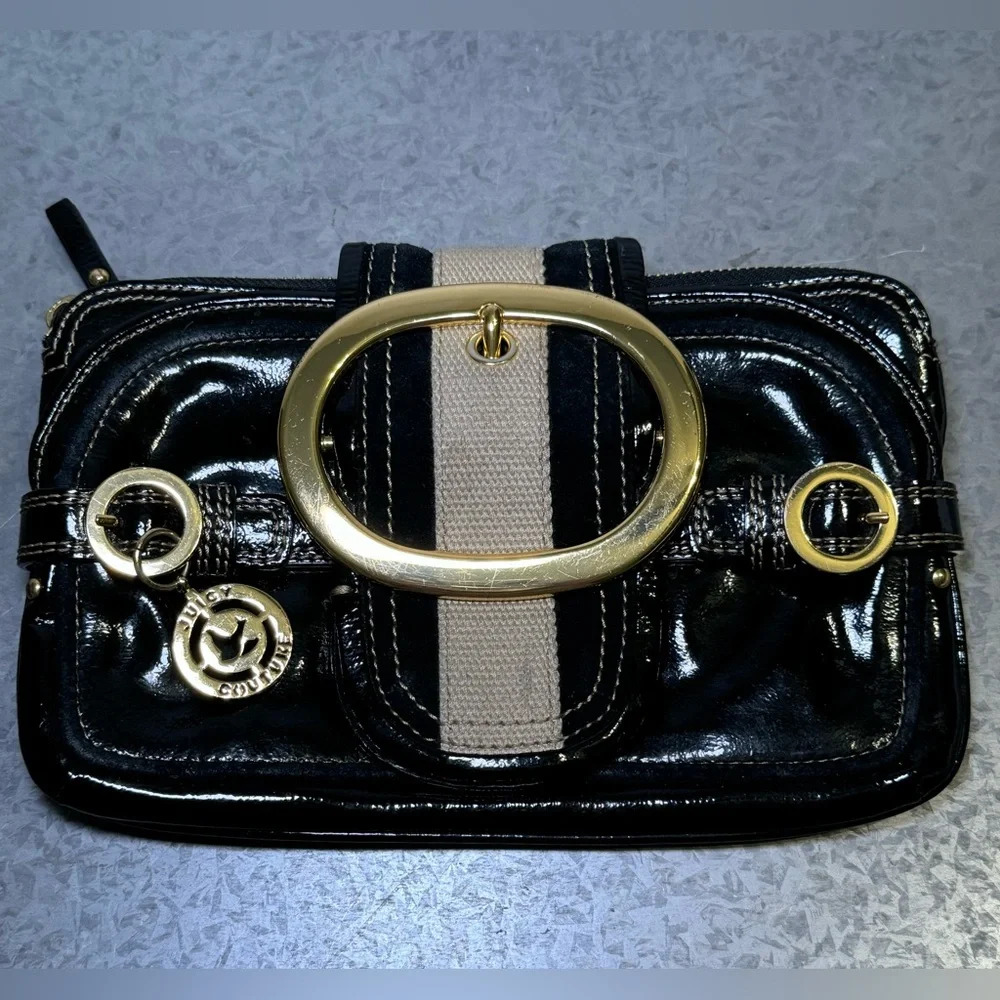 Juicy Couture Black and Gold Wristlet with Tan Stripe